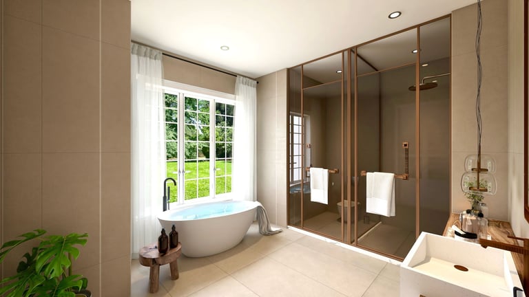 FayNza : Salle de bain lumineuse avec baignoire îlot blanche, verrière cuivrée et grande fenêtre donnant sur le jardin