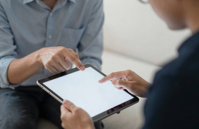 Conceptual image of two people collaborating over a digital tablet, emphasizing trust and communication. Clean style.