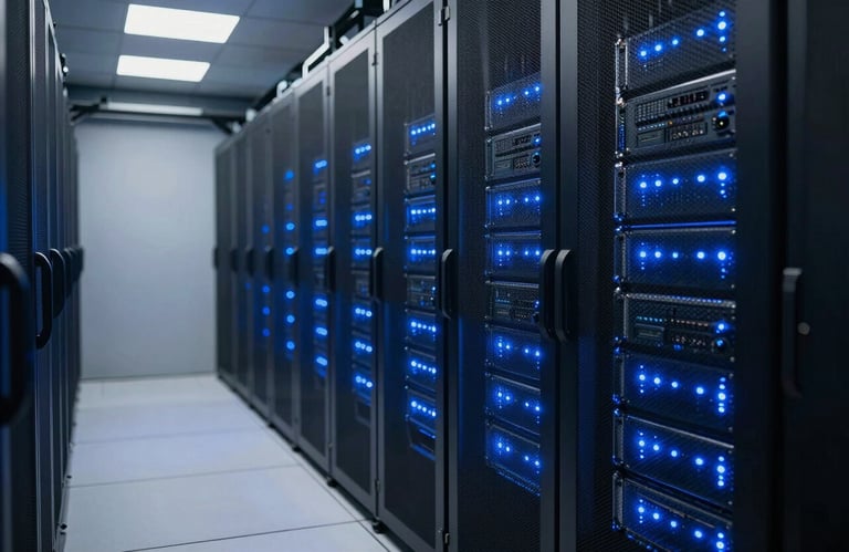 An interior shot of a clean, futuristic North American server room. Rows of servers with blinking blue LEDs create a tech-forward atmosphere. The lighting is professional and emphasizes reliability and security.