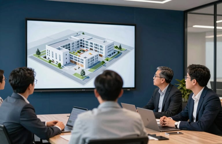 A focused meeting of construction professionals in a modern office in Indonesia, looking at a large wall-mounted screen displaying a 3D architectural model. Professional attire, collaborative atmosphere, navy blue lighting.