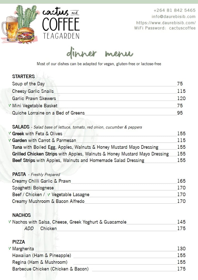 CACTUS AND COFFEE MENU | Daureb Isib Campsite and B&B with Cactus and  Coffee Teagarden