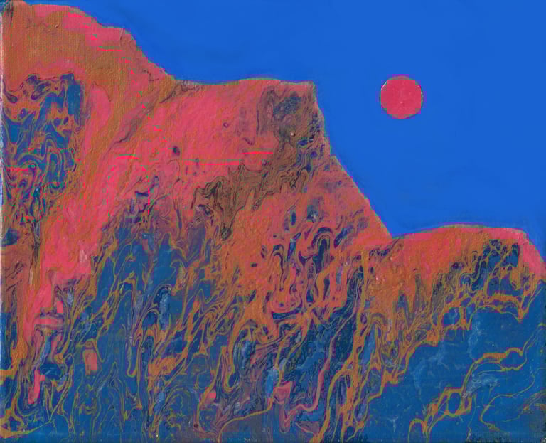 acrylic abstract painting of a mountain and sun. blue, pink, gold. 
