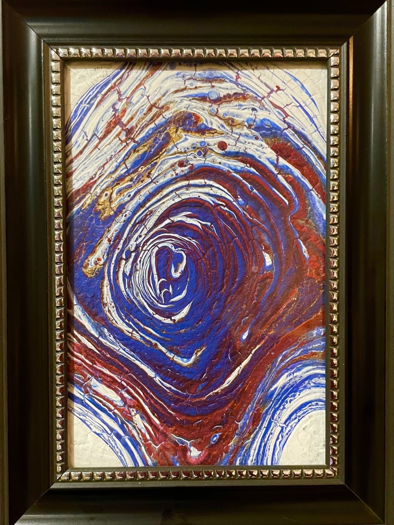acyrlic pour, red, blue, white on canvas. cracked, framed