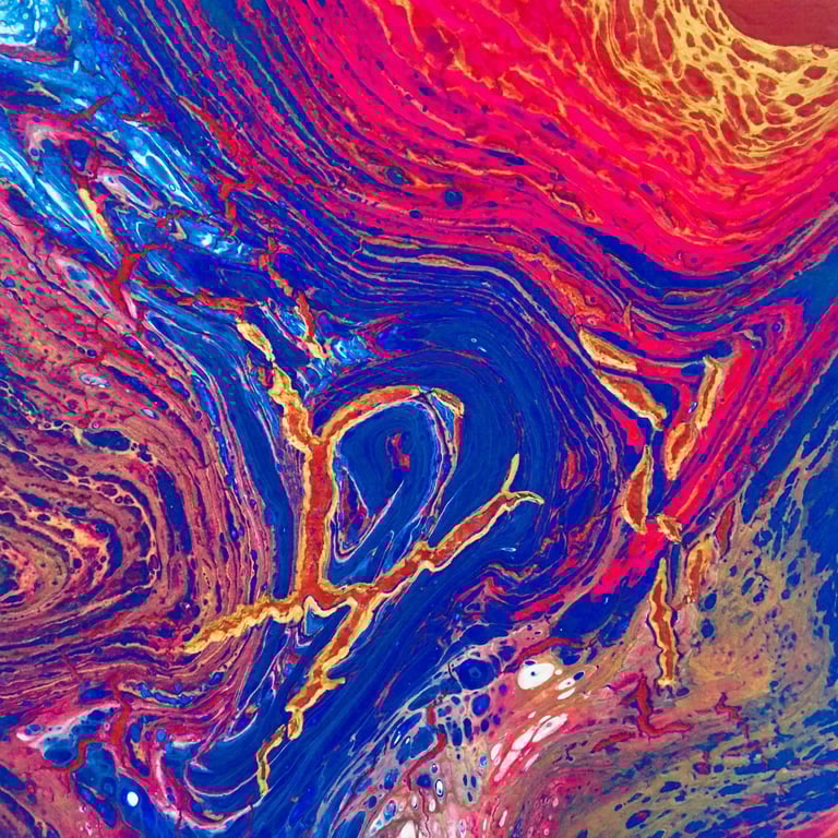 acrylic on pour on canvas. pink, blue, gold.