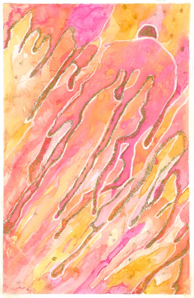 water color on paper gold glitter, pink and yellow