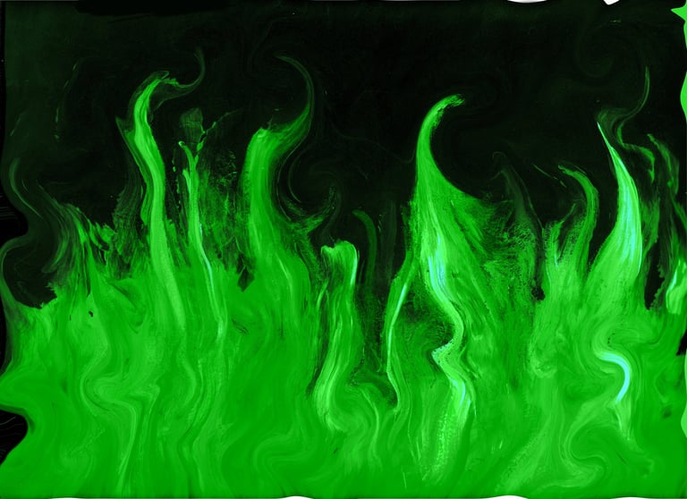 high contrast green flame slime against a black menacing  background. 