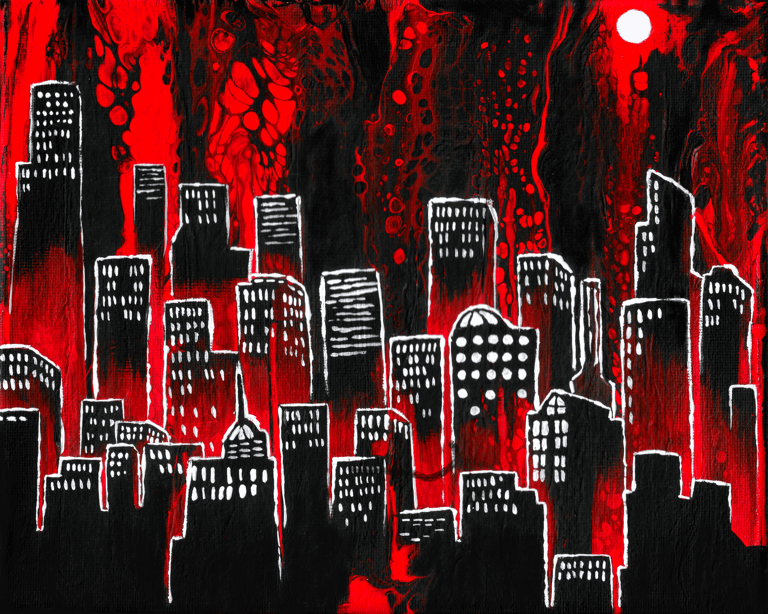 an acrylic pour painting of batman gotham city at night with full moon. red and black.