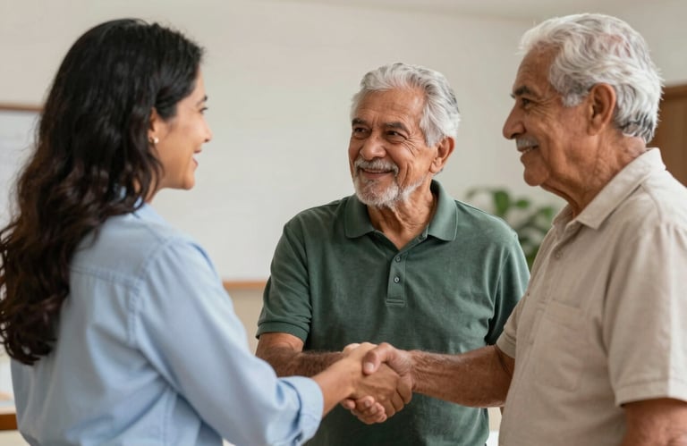 A compassionate South American female advocate shaking hands with an elderly Brazilian couple, showing support and successful legal partnership.