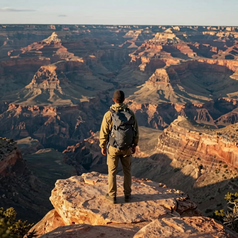 A solitary backpacker standing on a rocky ledge overlooking a vast, sun-drenched canyon in the North American / US Southwest during golden hour.