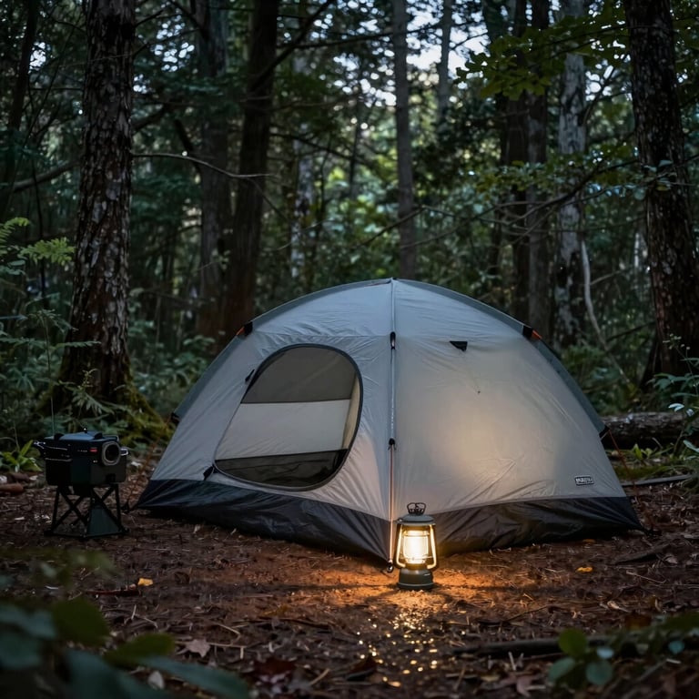 A well-organized professional basecamp setup with a sturdy tent and a glowing lantern in a forest clearing at twilight, North American / US landscape.