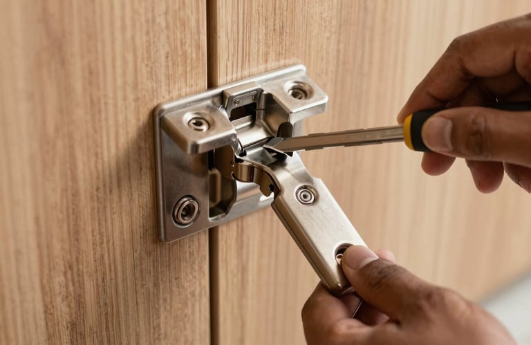 Close-up of a high-quality stainless steel kitchen cabinet hinge being installed on premium wood, professional hand-tool usage, South Asian / Indian context.