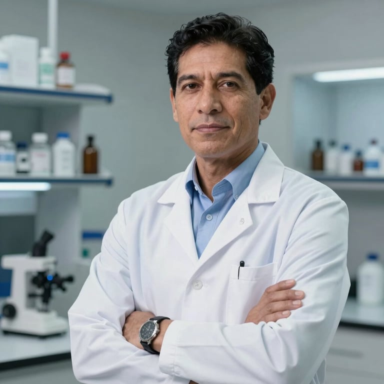 Portrait of a pharmacist in a crisp white lab coat, South American, looking helpful and confident in a clean, modern lab setting with steel blue highlights.