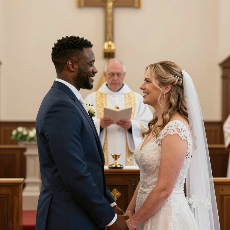 A couple laughing together in a sunlit park, holding hands during their engagement shoot.