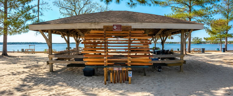 greenland paddles on display at beach
