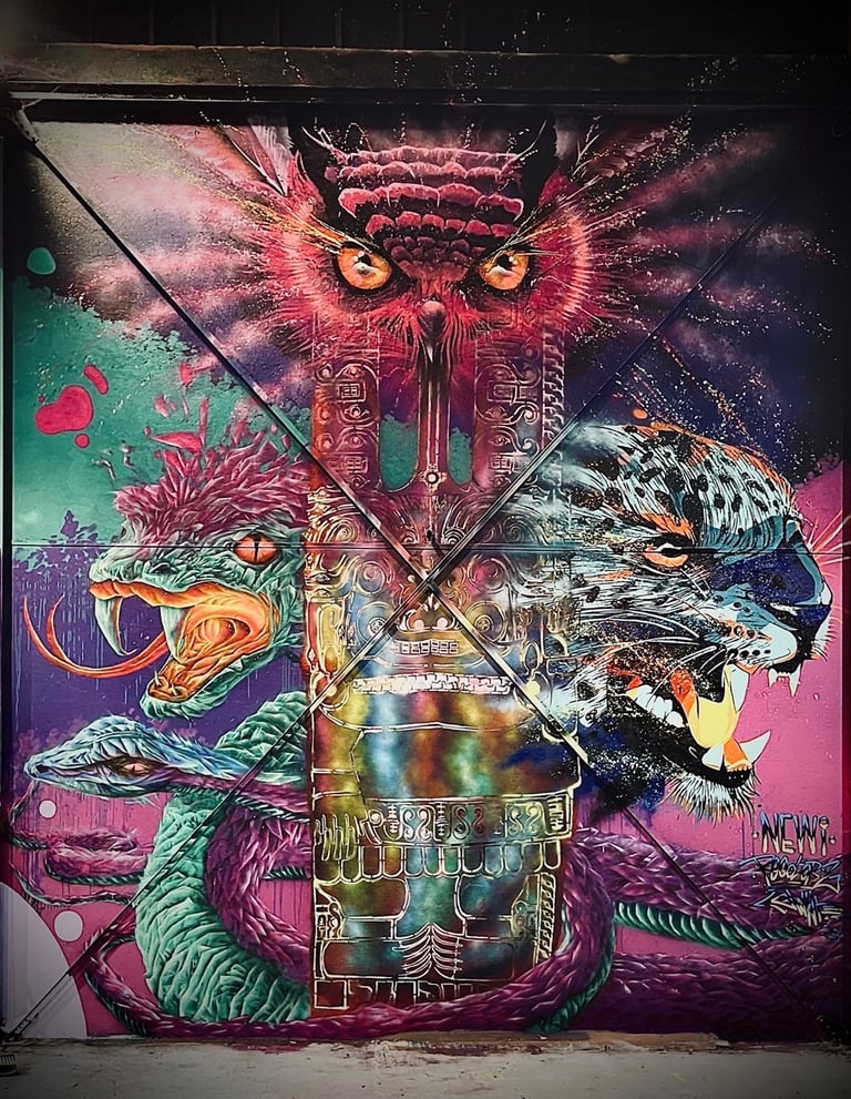 une fresque graffiti avec une serpent une chouette un jaguar et un totem