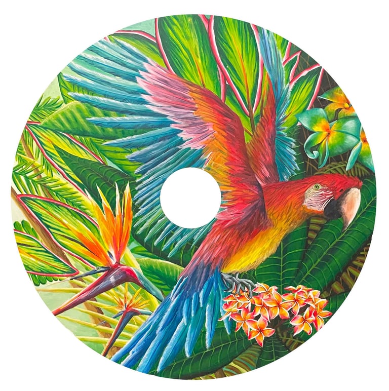 peinture d'un perroquet sur un enjoliveur pour fauteuil roulant "Olliver