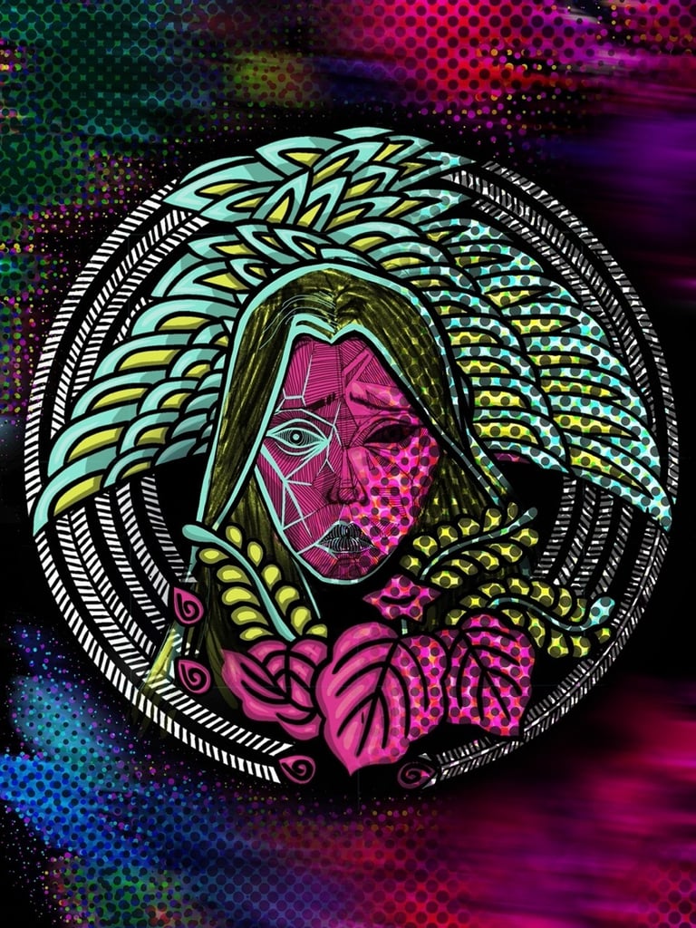 une peinture digitale d'une femme de face en violet et vert