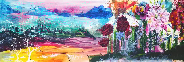 peinture sur toile avec des fleurs et des montagnes