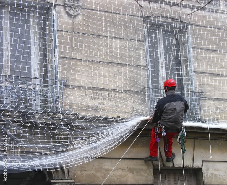 Pose d'un filet de sécurité sur une façade par cordiste à Béziers