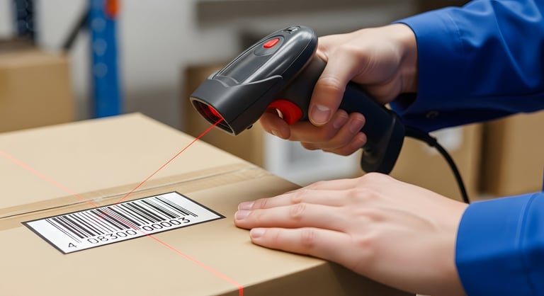 Lector de código de barras escaneando una caja - sistema de automatización de almacén - tecnología RFID y escaneo de paquetes