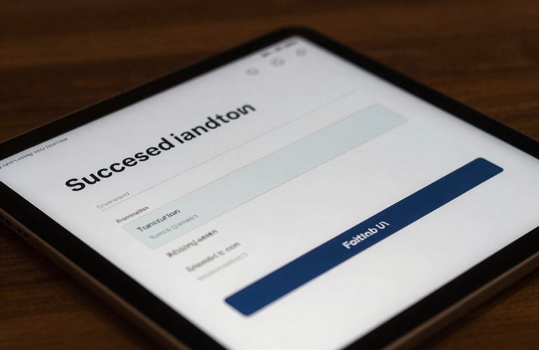 A close-up of a digital tablet screen showing a successful transaction path in a professional British / UK office setting.
