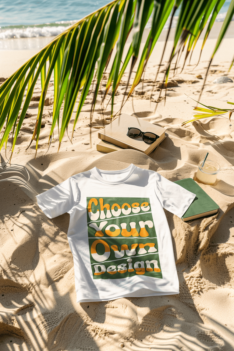White custom t-shirt mockup laying on a tropical beach sand with palm leaves and sunglasses.
