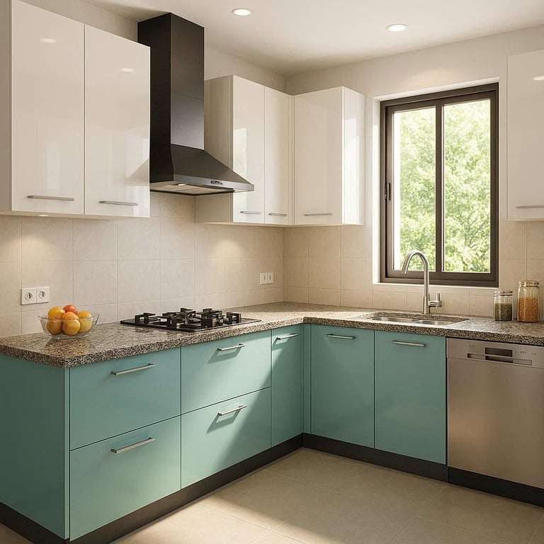 Modern kitchen with turquoise lower cabinets, white upper cabinets, and a black range hood.