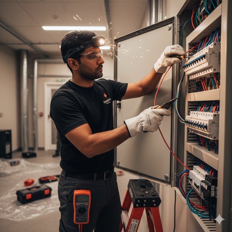 Professional electrician repairing an open circuit breaker panel with a headlamp and tools.