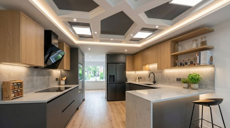 Modern luxury kitchen with oak cabinets, marble countertops, and a decorative coffered ceiling with LED lighting.