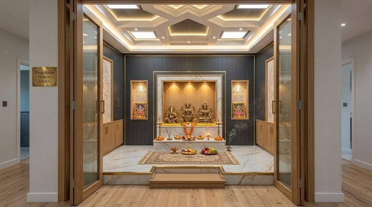 Modern pooja room interior with marble altar and false ceiling lights by Unid 1 Durgapur.