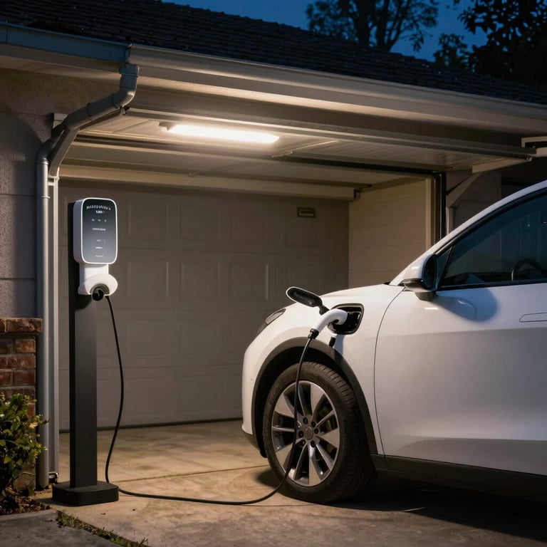 A calm evening scene showing a vehicle charging non-urgently with solar energy