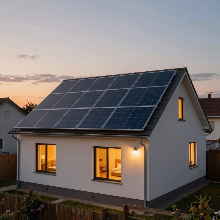 Quiet suburban home at night with no solar energy production visible.