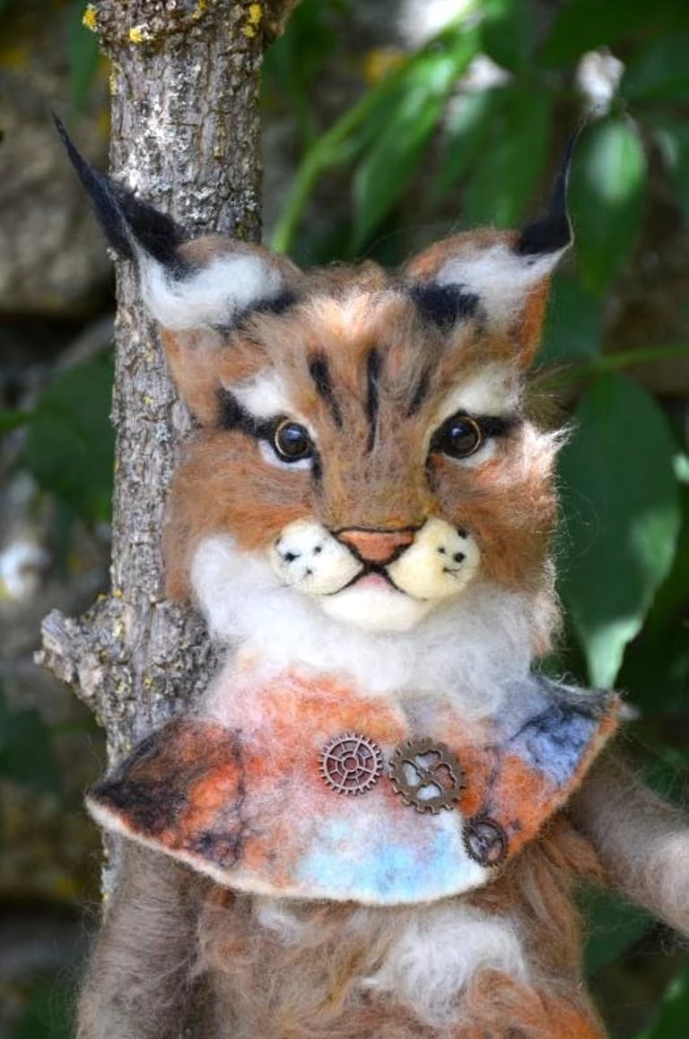 Lynx Steam Punk en laine feutrée à l'aiguille 