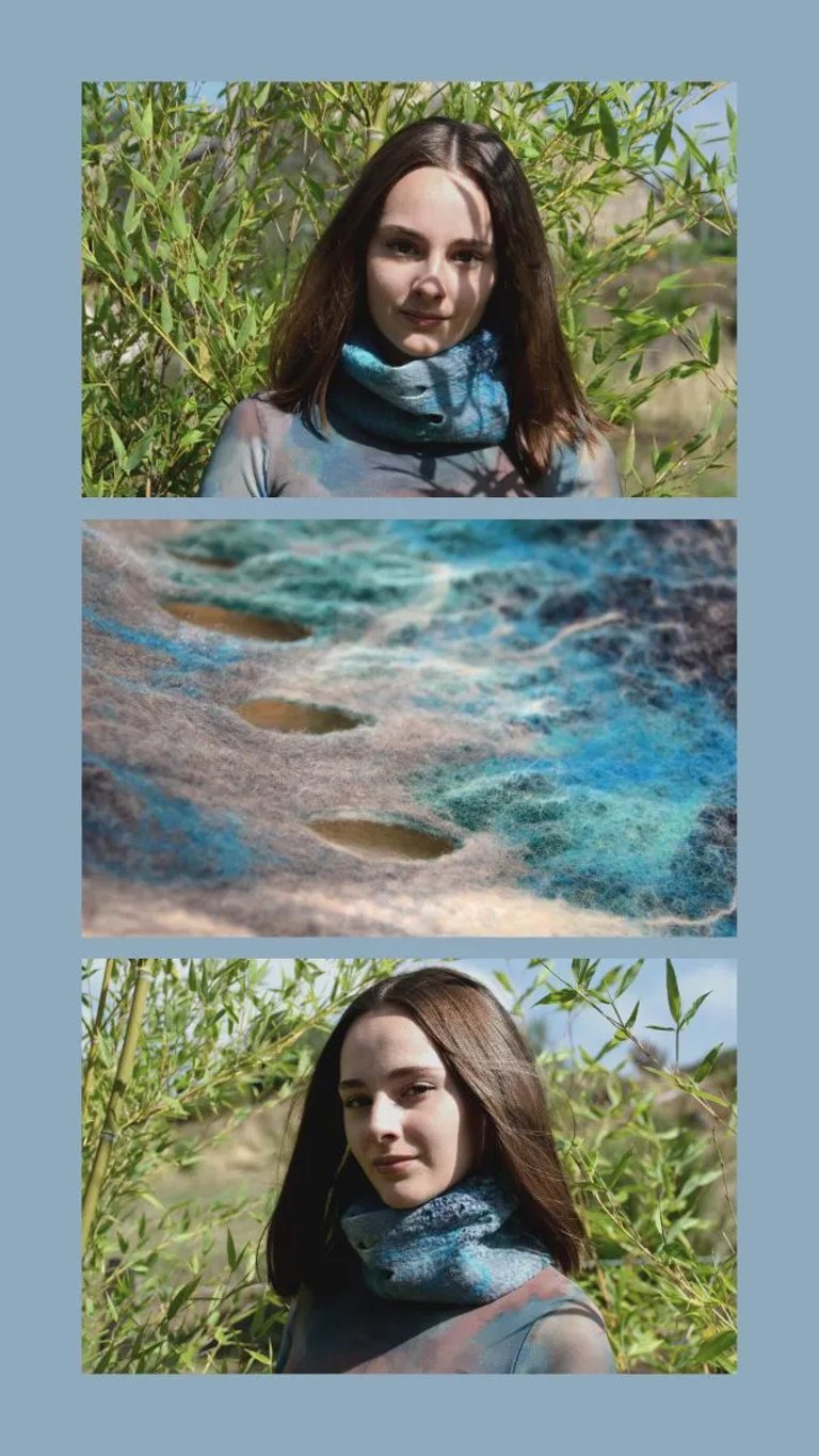 Présentation tour de cou dans les tons bleus en laine mérinos feutrée à la main