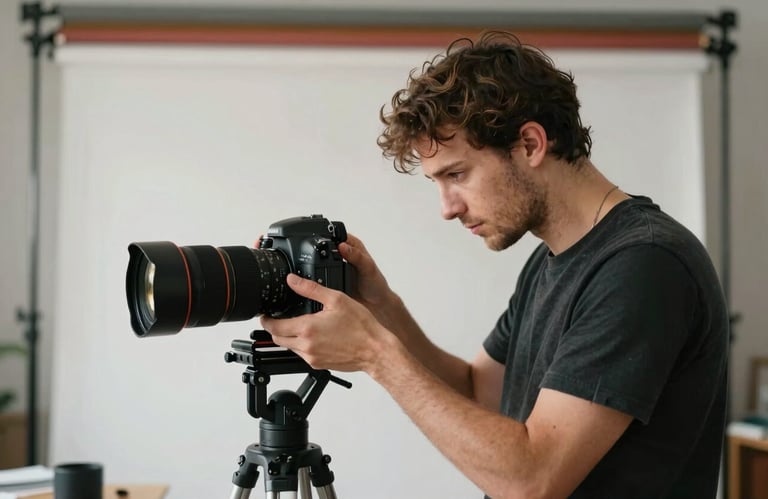 A photographer in a European / French studio setting up a shot for a local producer, focus on the professional interaction and craft.