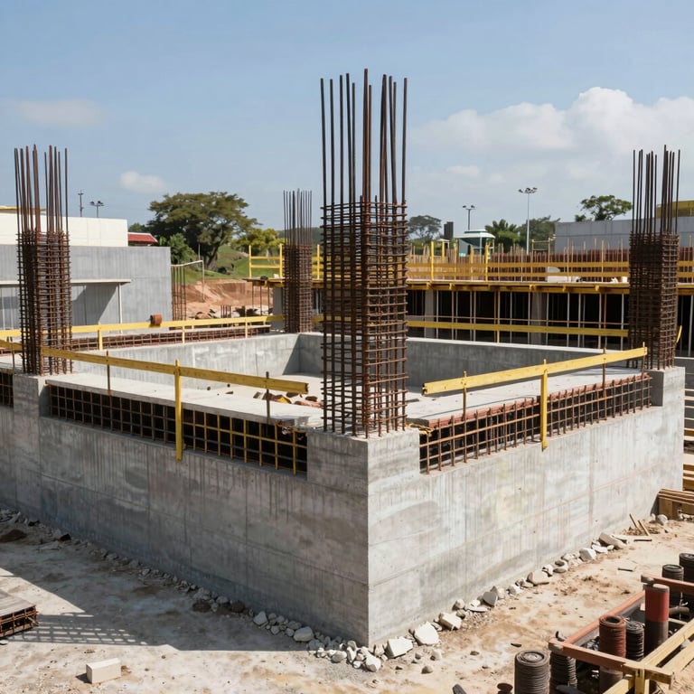 A professional construction site in Latin America showing a modern foundation with reinforced steel and concrete, bright daylight.