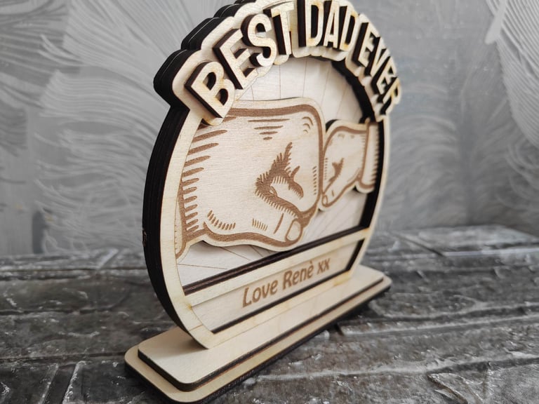 Personalized Best Dad Ever wooden plaque featuring a laser engraved fist bump design for Father's Day.