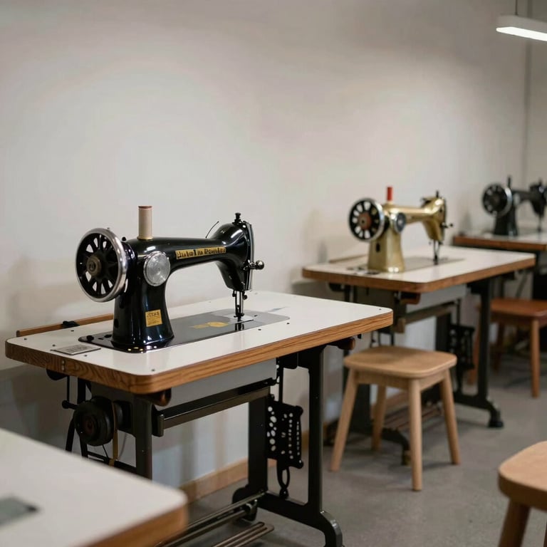 The artisan's workshop with vintage sewing machines and modern minimalist furniture.