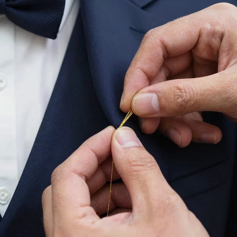 Macro shot of a tailor's hand stitching a navy blue lapel with golden thread, European craftsmanship.