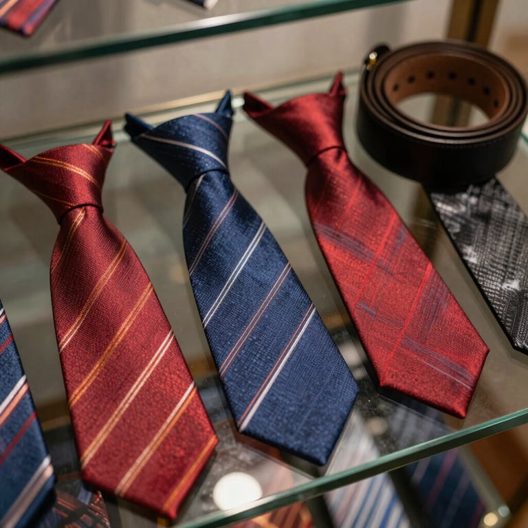 A selection of silk ties and leather belts arranged neatly on a glass shelf.