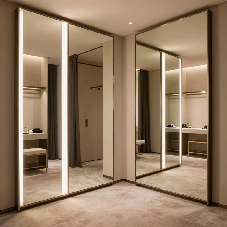 Interior of a luxury fitting room with large mirrors and warm lighting, minimalist design.