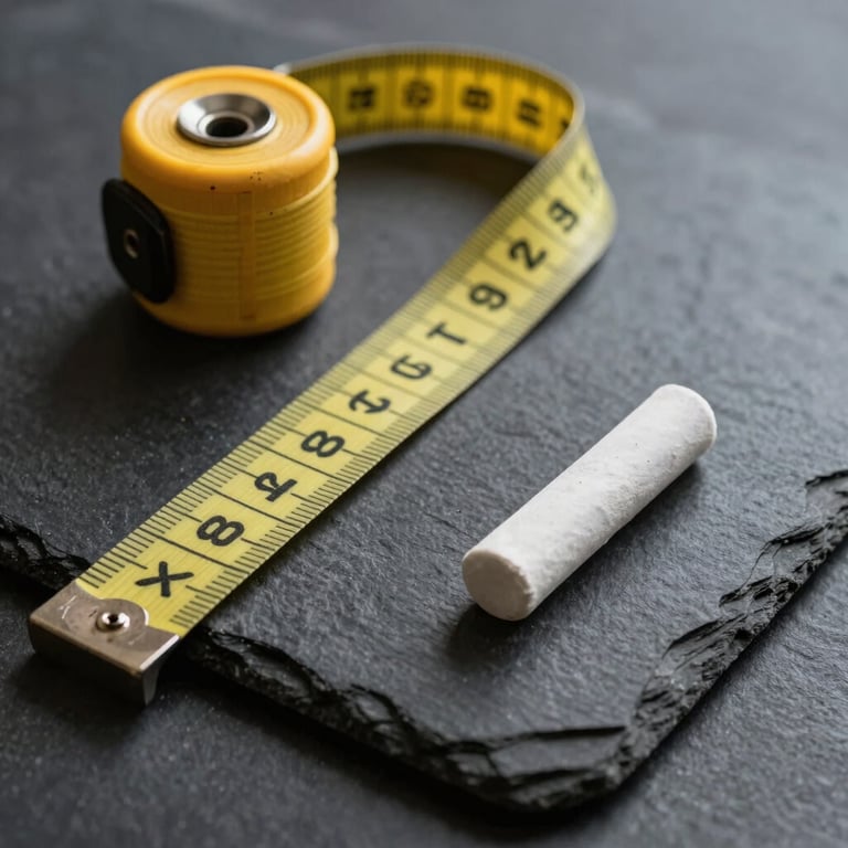 A tailor's measuring tape and chalk laying on a dark slate surface, sophisticated composition.