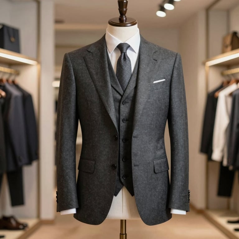 An elegant charcoal grey three-piece suit displayed on a minimalist mannequin in a Spanish boutique.