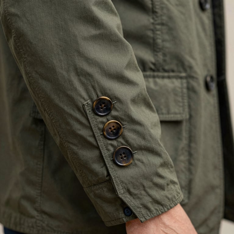 Detail shot of a perfectly finished jacket sleeve with functional buttonholes.