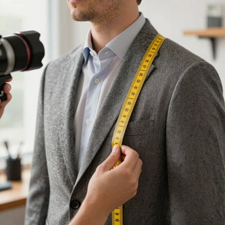 Close-up of a client being measured for a bespoke blazer in a bright, modern studio.