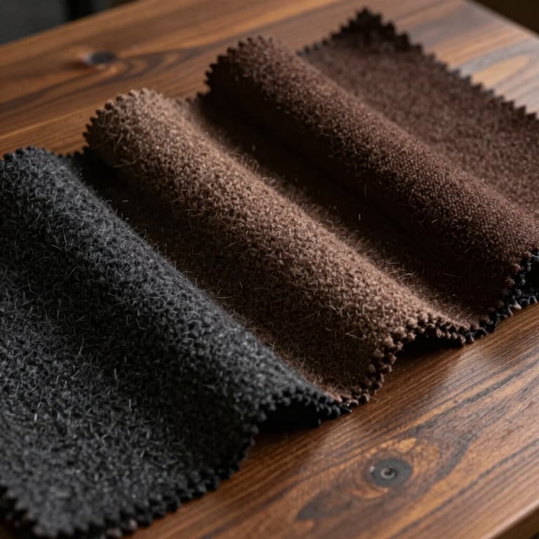 Close-up of high-quality wool fabric swatches in various shades of brown and black on a wooden table.