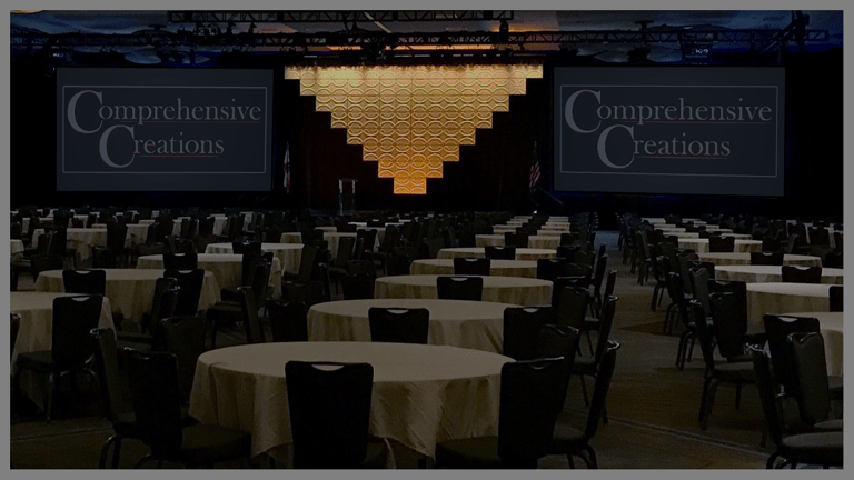 Pyramid tile reverse pyramid dual screen set with CC logos. Event designed and produced by Comprehensive Creations team.