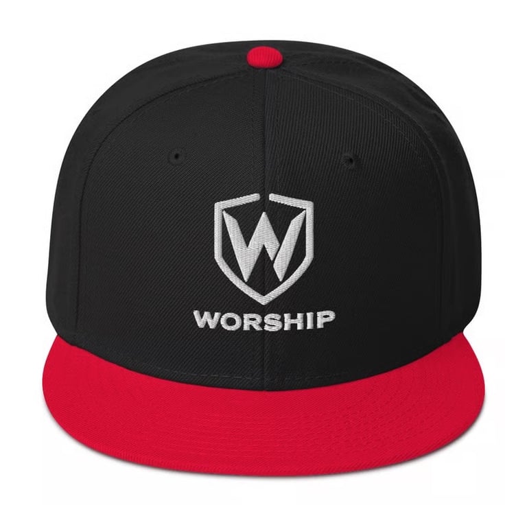 Black and red flat-brim worship snapback hat with a white 'W' logo, ideal for music and church apparel.