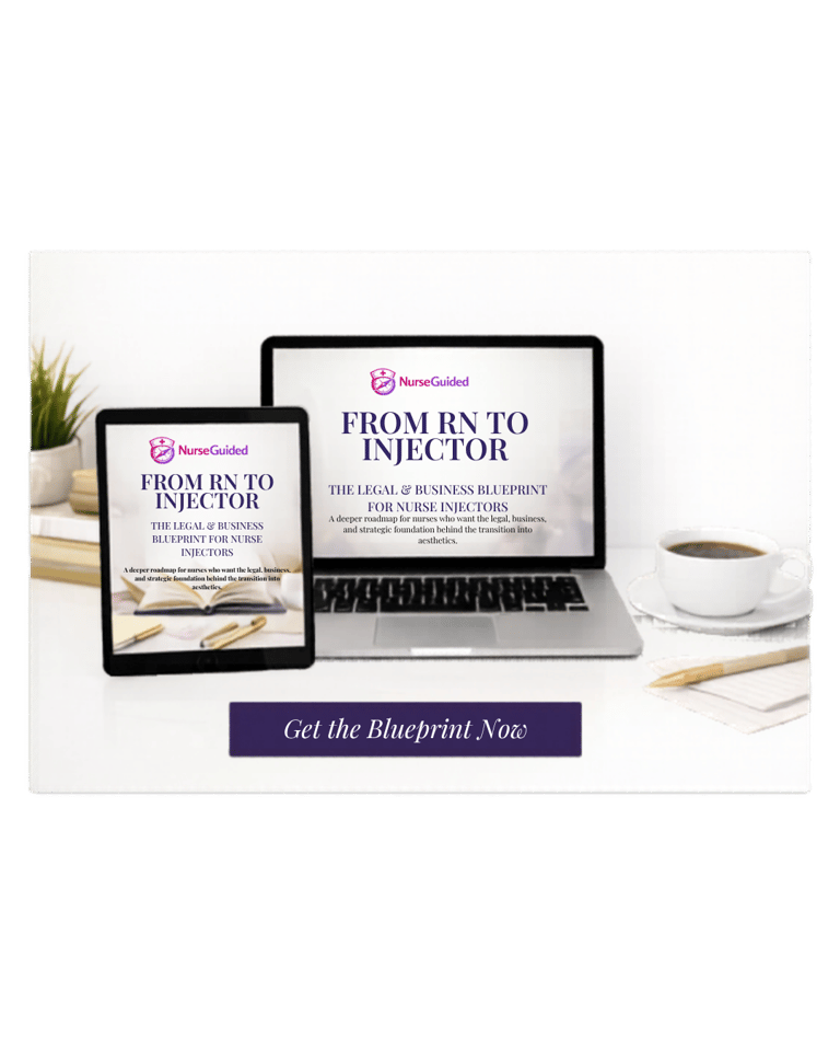 NurseGuided injector blueprint on a laptop and tablet for RN aesthetic training courses.