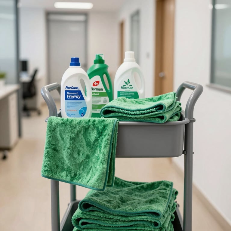 A professional cleaning cart neatly organized with emerald green microfiber cloths and eco-friendly supplies, positioned in a brightly lit, clean office hallway in Rouen, France / Norman.